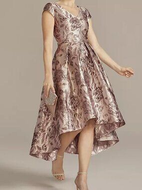 OLEG CASSINI Metallic Floral Brocade High-Low A-line Dress